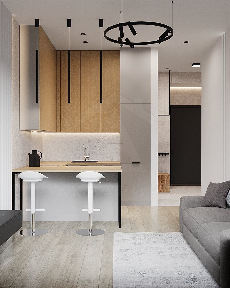 Дизайн однокомнатной квартиры 44 м2. Кухня-гостиная. Москва
