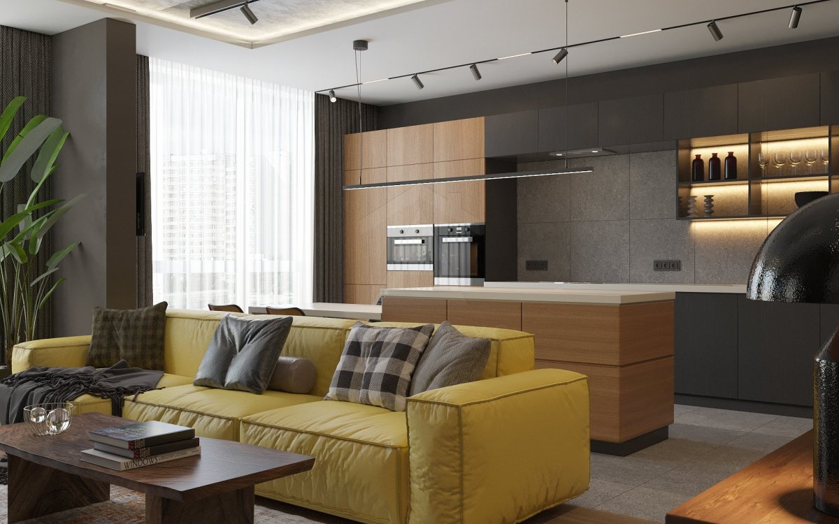 Дизайн однокомнатной квартиры 80 м2. Кухня-гостиная. Москва
