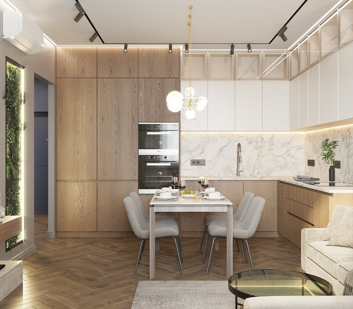 Дизайн двухкомнатной квартиры 74 м2. Кухня-гостиная. Москва