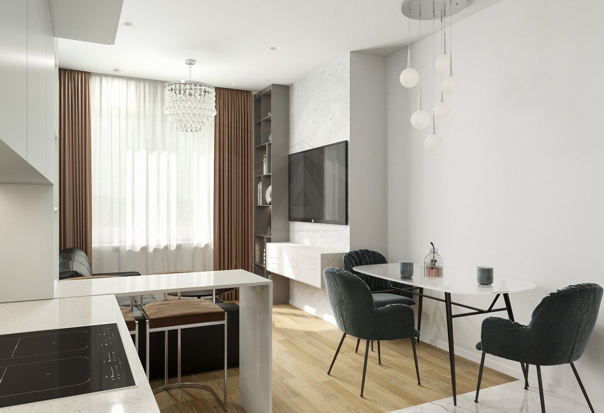 Дизайн трехкомнатной квартиры 102 м2. Кухня-гостиная. Москва