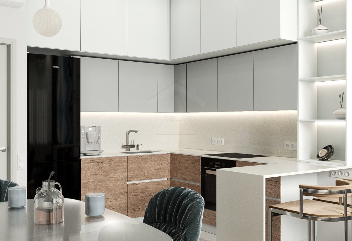 Дизайн трехкомнатной квартиры 102 м2. Кухня-гостиная. Москва
