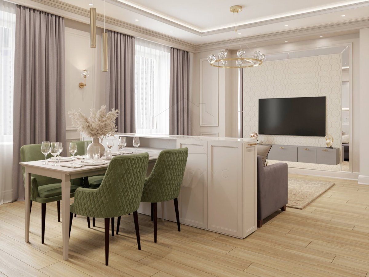 Дизайн однокомнатной квартиры 65 м2. Кухня-гостиная. Москва